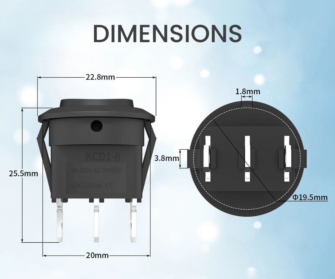 Dimensions of non-illuminated three position rocker switch, on-off-on panel mount rocker switches, new products, RJS Electronics Ltd