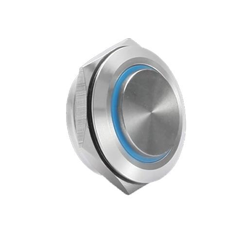 30mm low profile switch, panel mount push button switch, ring led illumination blue colour, brushed steel material, high head, rjs electronics ltd
