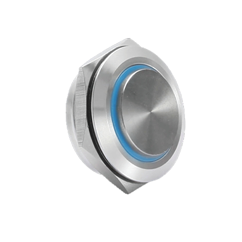 30mm low profile switch, panel mount push button switch, ring led illumination blue colour, brushed steel material, high head, LED SWITCHES, switch with illumination, rjs electronics ltd