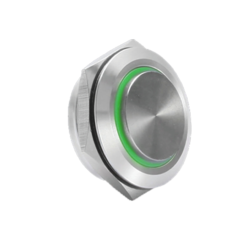 30mm low profile switch, panel mount push button switch, ring led illumination green colour, brushed steel material, high head, rjs electronics ltd