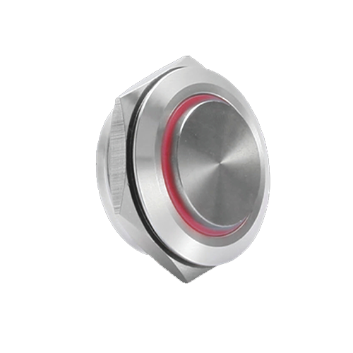30mm low profile switch, panel mount push button switch, ring led illumination red colour, brushed steel material, high head, rjs electronics ltd
