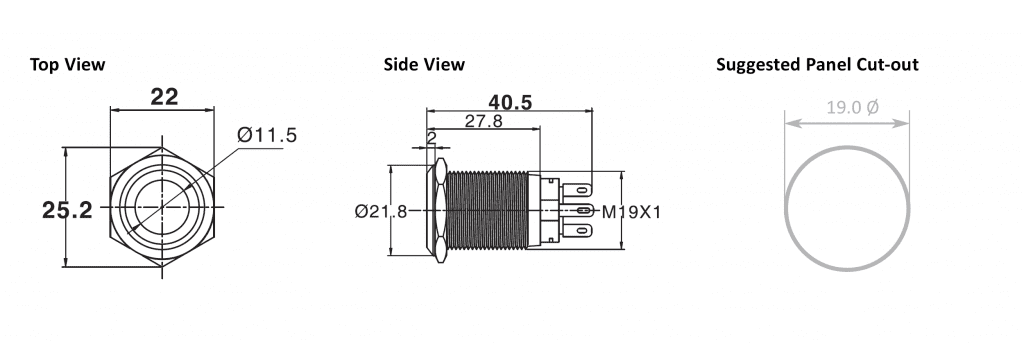 RJS102 19mm antivandal switch series technical drawing, rjs electronics ltd