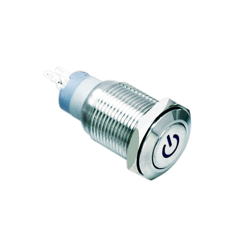 16mm metal push button switch, power symbol led illumination, panel mount, antivandal switch, rjs electronics ltd