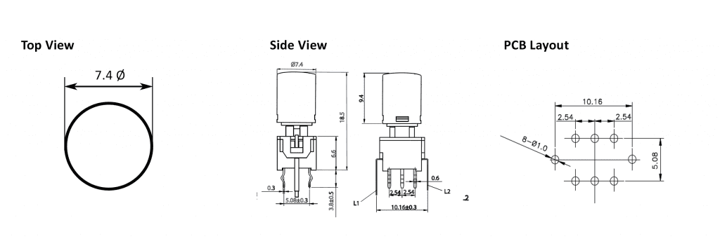 371. PB61303A Drawing - PCB, push button switch, switch with LED Illumination, latching and momentary push button function, IP RATING, single or bi-colour LED illumination. RJS Electronics Ltd.