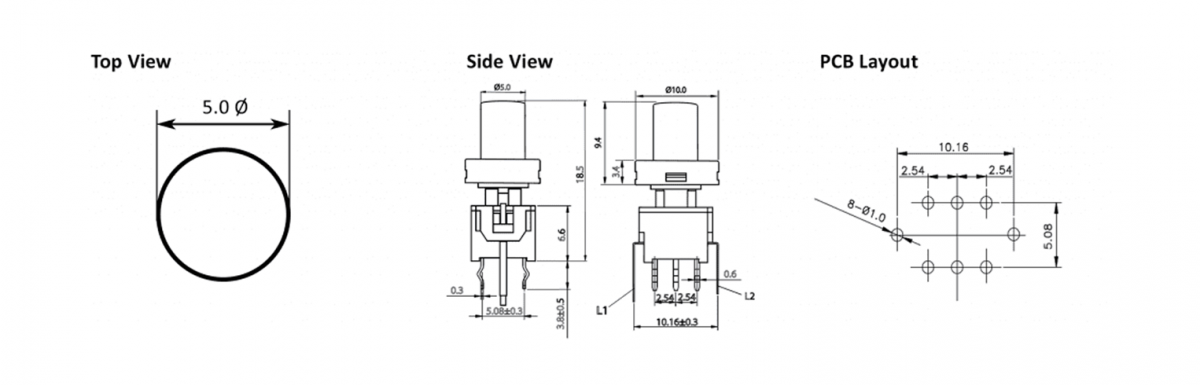 372. PB61304 Drawing - PCB, push button switch, switch with LED Illumination, latching and momentary push button function, IP RATING, single or bi-colour LED illumination. RJS Electronics Ltd.