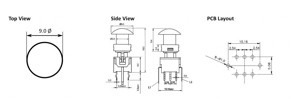 373. PB61305 Drawing - PCB, push button switch, switch with LED Illumination, latching and momentary push button function, IP RATING, single or bi-colour LED illumination. RJS Electronics Ltd.