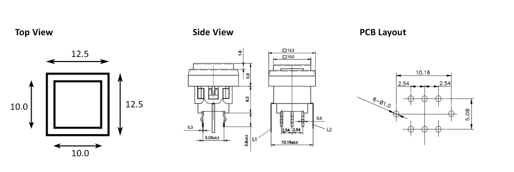 Drawing -375.PB6135F - - PB613 Series - PCB push button switches, round LED illuminated Tact Switches with LED illumination, momentary push button switches, momentary function, latching push button switches, latching function - RJS Electronics Ltd