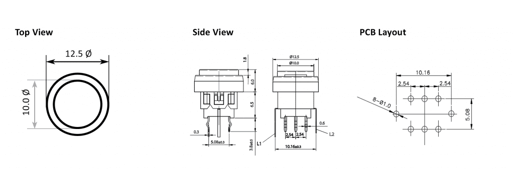 376.PB6134F - Drawings/ circuit - PCB push button switch with LED illumination, available with single, bi-colour, LED illumination, momentary push button function or latching push button function. RJS Electronics Ltd.