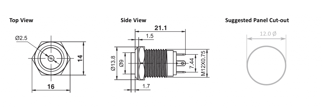 Metal Switch, with dot LED illumination, 12mm, momentary switch, IP67 rated. RJS Electronics Ltd