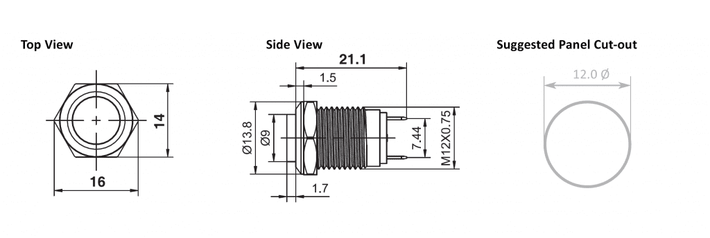 RJS1N1-12-H~67J, metal switch, non led illuminated switch, switch without LED illumination, high head, metal switch. Soldier lug terminal, 1no, IP67 rated. RJS Electronics Ltd