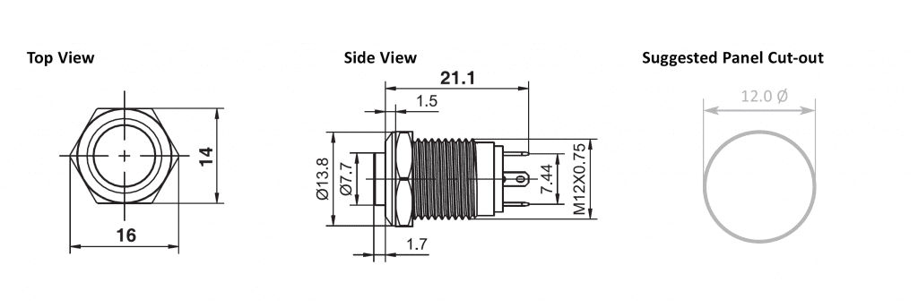 Push Button Switch with LED illumination, Ring LED Illumination, Dot LED Illumination, Power symbol LED illumination, non-illuminated, stainless steel, brushed steel, anodised aluminium, black, Flat head, high head, power symbol, Momentary or Latching, Non Illuminated, Push Button Switch, RJS Electronics Ltd, +44 (0)1234 213600 