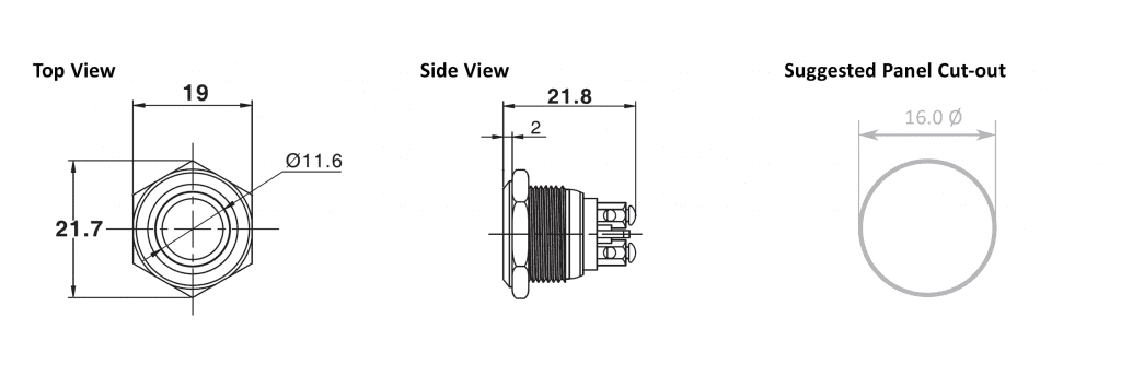 Push Button Switch with LED illumination, Ring LED Illumination, Dot LED Illumination, Power symbol LED illumination, non-illuminated, stainless steel, brushed steel, anodised aluminium, black, Flat head, high head, power symbol, Momentary or Latching, Non Illuminated, Push Button Switch, RJS Electronics Ltd, +44 (0)1234 213600 