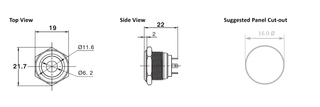 Push Button Switch with LED illumination, Ring LED Illumination, Dot LED Illumination, Power symbol LED illumination, non-illuminated, stainless steel, brushed steel, anodised aluminium, black, Flat head, high head, power symbol, Momentary or Latching, Non Illuminated, Push Button Switch, RJS Electronics Ltd, +44 (0)1234 213600 