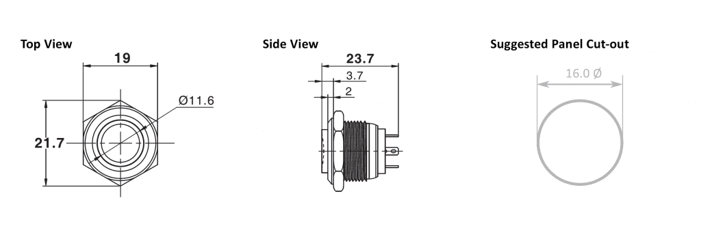 Push Button Switch with LED illumination, Ring LED Illumination, Dot LED Illumination, Power symbol LED illumination, non-illuminated, stainless steel, brushed steel, anodised aluminium, black, Flat head, high head, power symbol, Momentary or Latching, Non Illuminated, Push Button Switch, RJS Electronics Ltd, +44 (0)1234 213600 