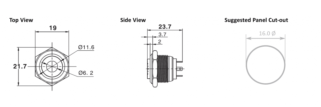 Push Button Switch with LED illumination, Ring LED Illumination, Dot LED Illumination, Power symbol LED illumination, non-illuminated, stainless steel, brushed steel, anodised aluminium, black, Flat head, high head, power symbol, Momentary or Latching, Non Illuminated, Push Button Switch, RJS Electronics Ltd, +44 (0)1234 213600 