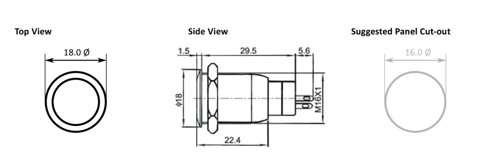 RJSX02-16LA-F-D~67Q, metal push button switch, dot LED illuminated, IP rated, push button switch, 16mm, switch with LED illumination, RJS Electronics Ltd 