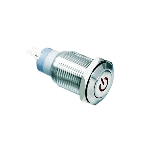 16mm metal push button switch, antivandal, panel mount, power symbol led illumination, rjs electronics ltd