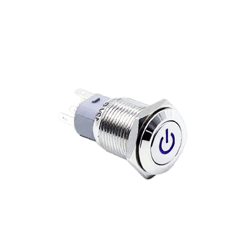 16mm metal push button switch, antivandal, power symbol led illumination, LED SWITCHES, rjs electronics ltd