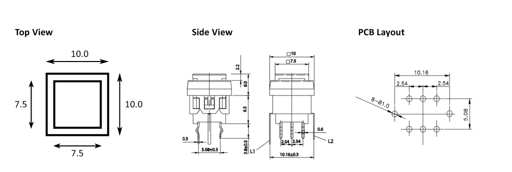 LED illuminated pcb push button switch drawing, rjs electronics ltd