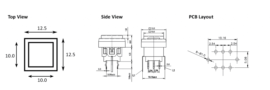 LED illuminated push button switch drawing, pcb mount, rjs electronics ltd