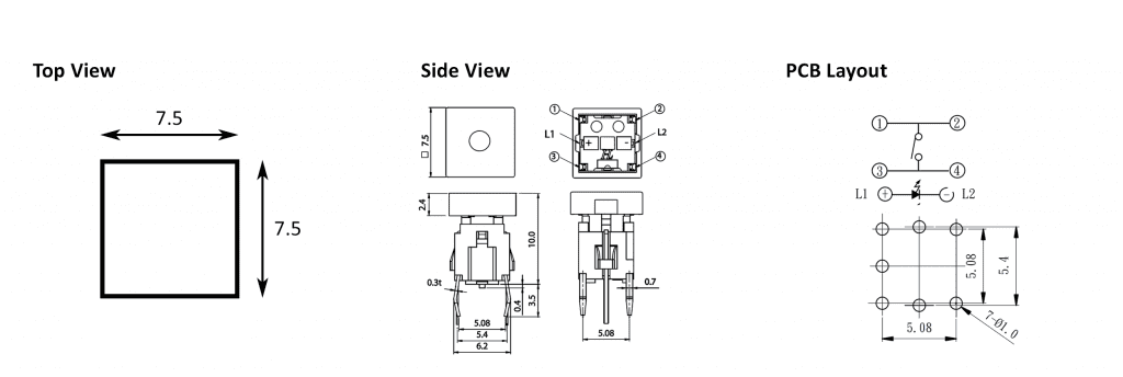 pcb push button switch drawing, led illumination, rjs electronics ltd