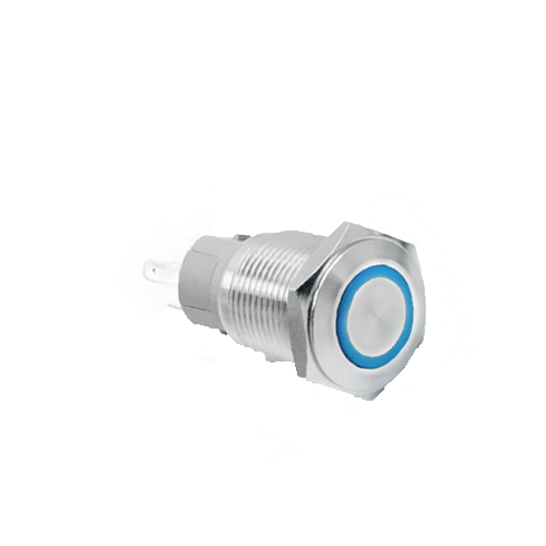 16mm metal push button switch, antivandal, panel mount, ring led illumination, rjs electronics ltd
