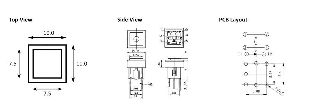 LED illuminated pcb push button switch drawing, rjs electronics ltd