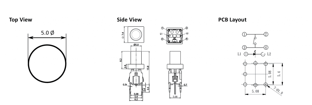 PCB, push button switch, without LED illumination, switch with LED illumination, single LED illumination, bi-colour LED illumination, custom etching custom. Momentary function switch with Plastic housing. RJS Electronics Ltd.