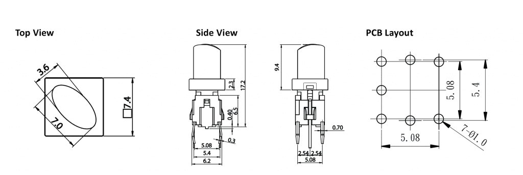 PCB, push button switch, without LED illumination, switch with LED illumination, single LED illumination, bi-colour LED illumination, custom etching custom. Momentary function switch with Plastic housing. RJS Electronics Ltd.