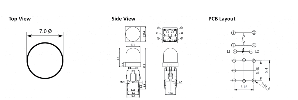 PCB, push button switch, without LED illumination, switch with LED illumination, single LED illumination, bi-colour LED illumination, custom etching custom. Momentary function switch with Plastic housing. RJS Electronics Ltd.