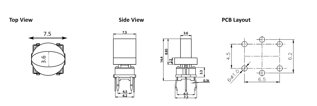 PCB, push button switch, illuminated tact switch, without LED illumination, switch with LED illumination, single LED illumination, bi-colour LED illumination, custom etching custom. Momentary function switch with Plastic housing. RJS Electronics Ltd.