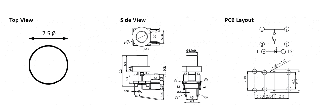 pcb push button switch with led illumination drawing, rjs electronics ltd