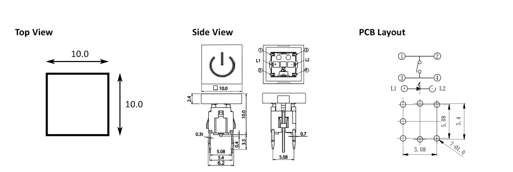 pcb push button switch with led illumination drawing, rjs electronics ltd