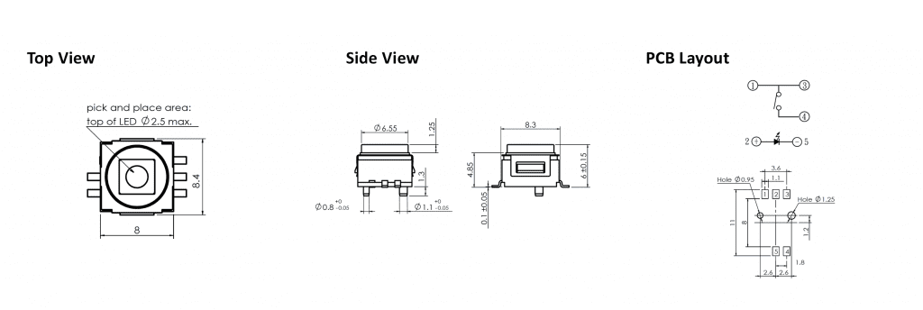 pcb push button switch with led illumination drawing, rjs electronics ltd