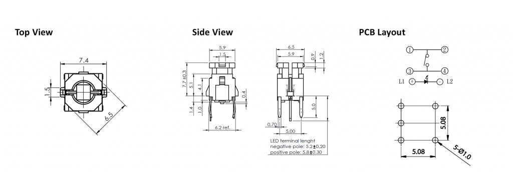 pcb push button with illumination drawing, rjs electronics ltd