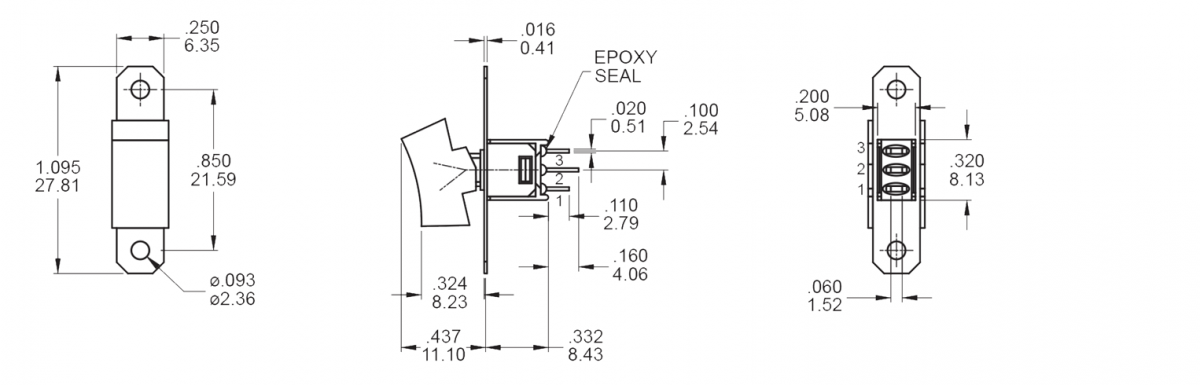 4M Series - SPDT - Rocker Switch - Rocker Switches, Panel Mount switches. Drawing - RJS Electronics Ltd