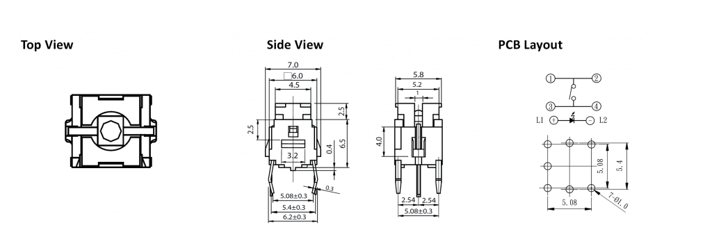 pcb switch with led drawing, rjs electronics ltd