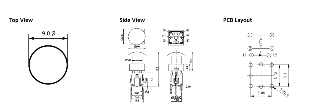 pcb switch, illuminated push button drawing, rjs electronics ltd