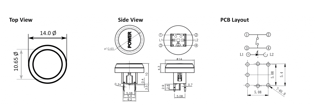 PCB, push button switch, without LED illumination, switch with LED illumination, single LED illumination, bi-colour LED illumination, custom etching custom. Momentary function switch with Plastic housing. RJS Electronics Ltd.