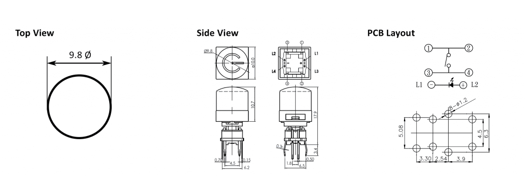 PCB switches led button drawing, rjs electronics ltd