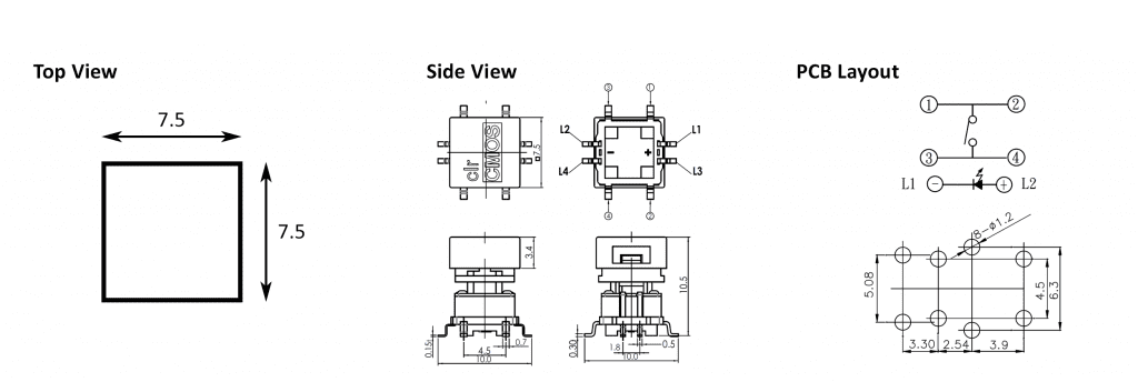 PCB, push button switch, illuminated tact switch, without LED illumination, switch with LED illumination, single LED illumination, bi-colour LED illumination, custom etching custom. Momentary function switch with Plastic housing. RJS Electronics Ltd.