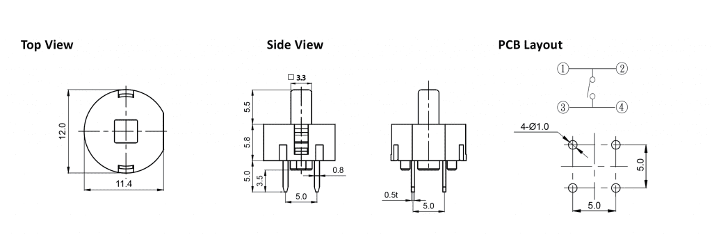 KS01 pcb push button drawing, rjs electronics ltd