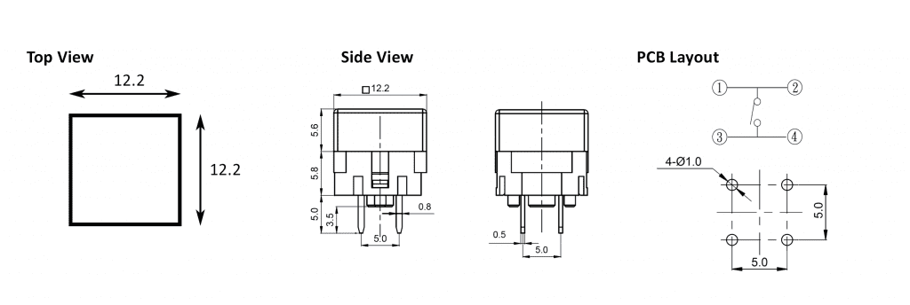 illuminated pcb push button with led drawing, rjs electronics ltd