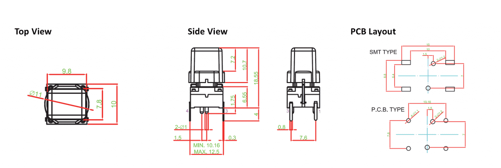 illuminated pcb push button switch drawing, rjs electronics ltd