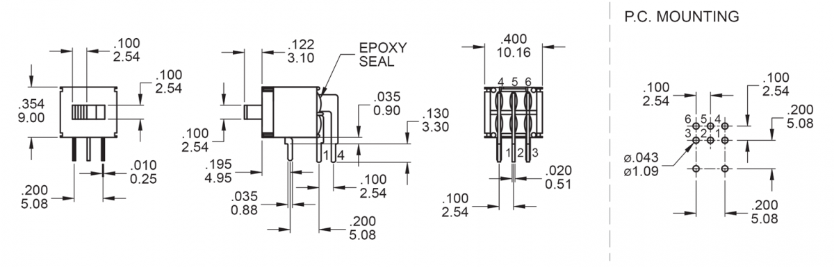 5F M6 DPDT- SLIDER SWITCHES - MZ - SPDT - PCB, PANEL MOUNT switches. Material Specs - RJS Electronics Ltd