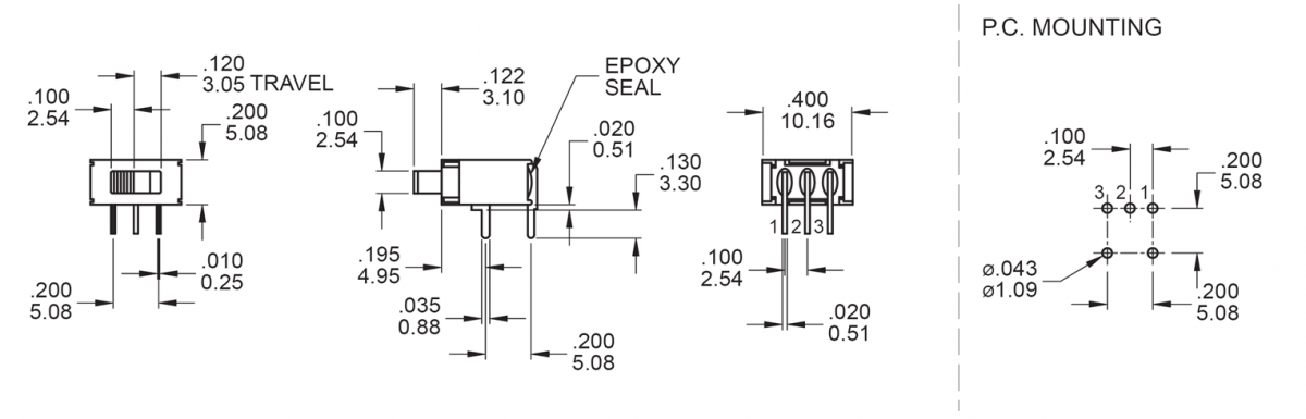 5F M6 SPDT- SLIDER SWITCHES - MZ - SPDT - PCB, PANEL MOUNT switches. Material Specs - RJS Electronics Ltd