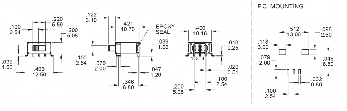 5F Slide SWITCHES - MZ - SPDT - PCB, PANEL MOUNT switches. Material Specs - RJS Electronics Ltd