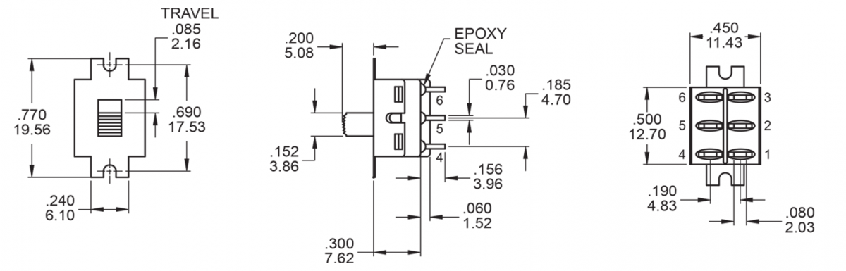 5m dpdt drawing, slide switch, RJS Electronics Ltd