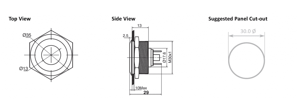 Drawing of RJS01-30I-170P~67J 30mm dot LED indicator, panel mount, flush head, RJS Electronics Ltd
