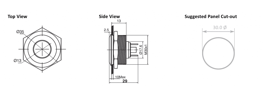 Drawing of RJS01-30I-150P~67J 30mm concave face led illuminated metal indicator, RJS Electronics LTD